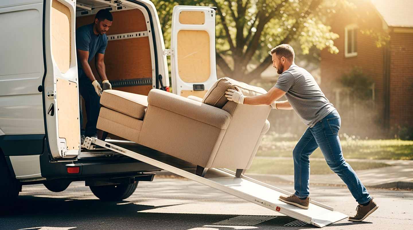 Trois déménageurs en tenue de travail coordonnent le transport d'une armoire, vue de dos dans un environnement extérieur
