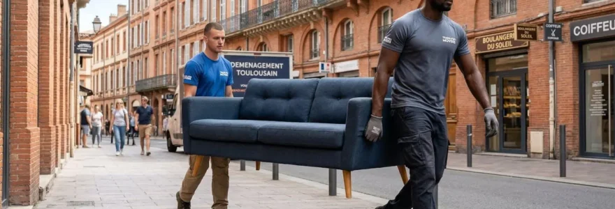 Deux déménageurs en tenue de travail transportent un canapé le long d'une rue toulousaine ensoleillée