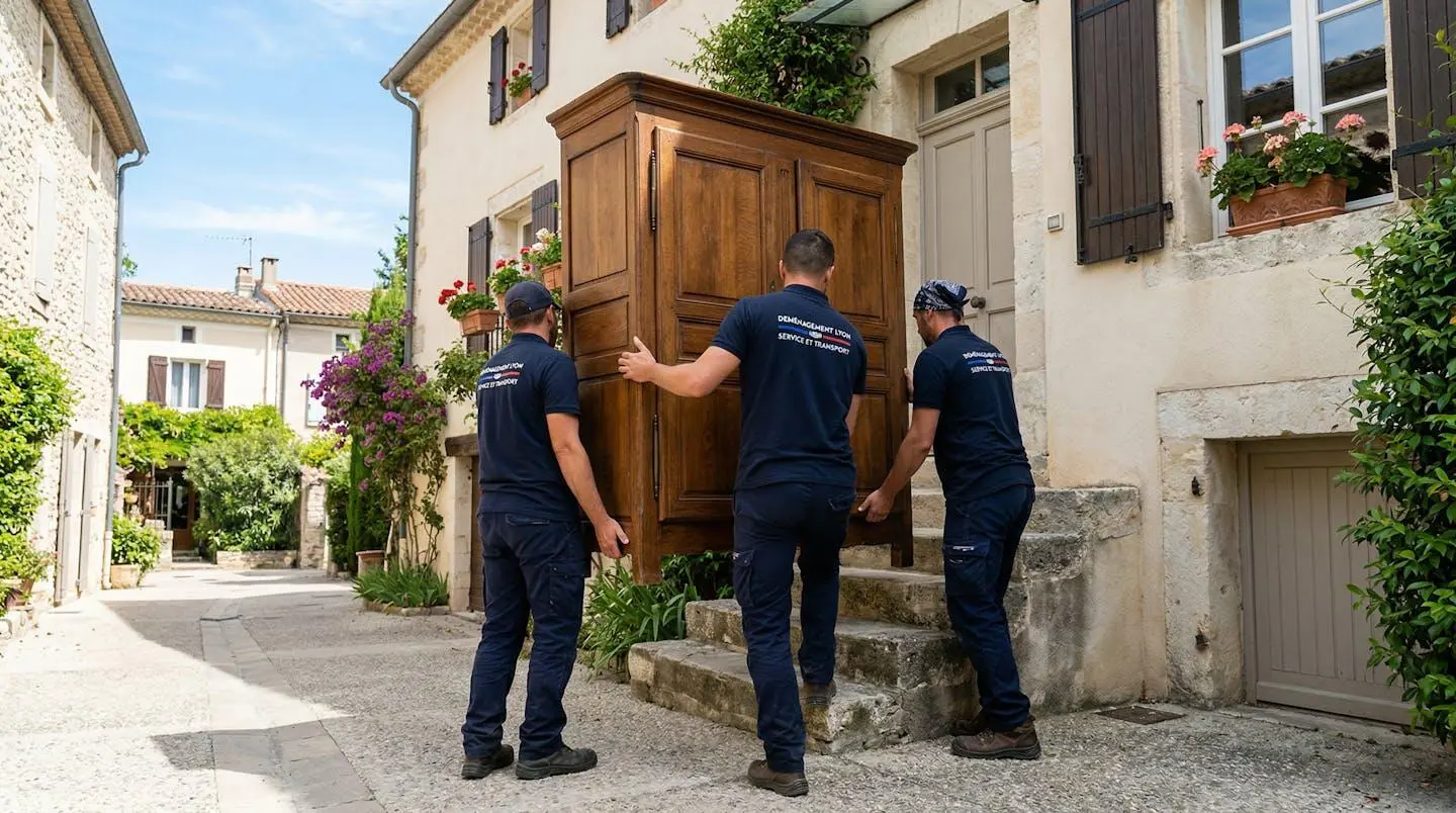 Trois déménageurs en tenue de travail coordonnent le transport d'une armoire, vue de dos dans un environnement extérieur