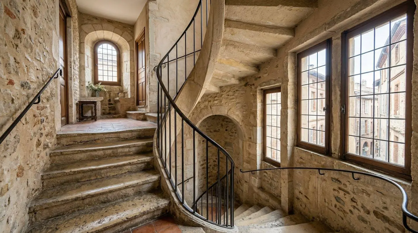 Escalier tournant en pierre dans un immeuble ancien toulousain, lumière naturelle provenant d'une fenêtre latérale
