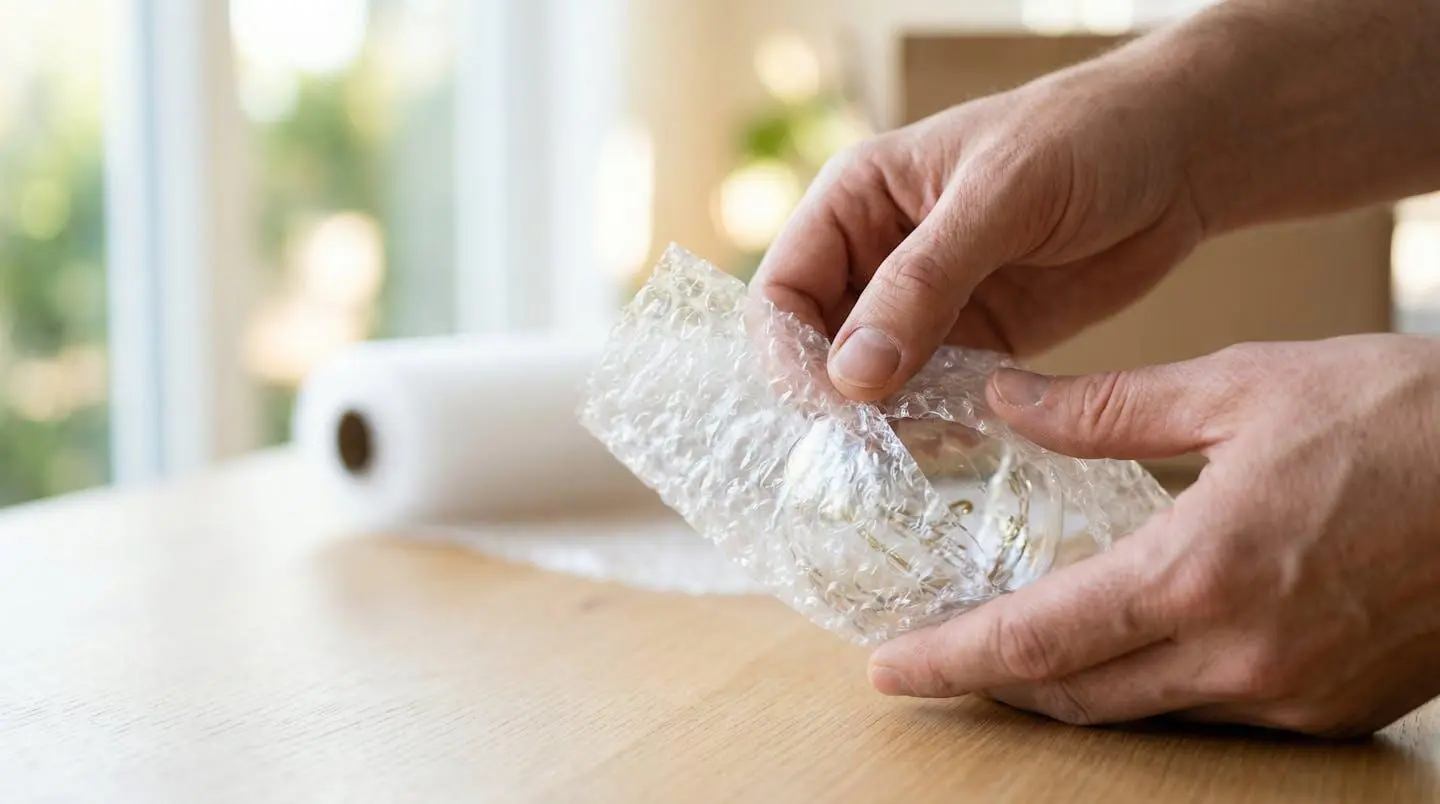 Gros plan sur des mains enveloppant un objet avec du papier bulle, détail de la texture protectrice