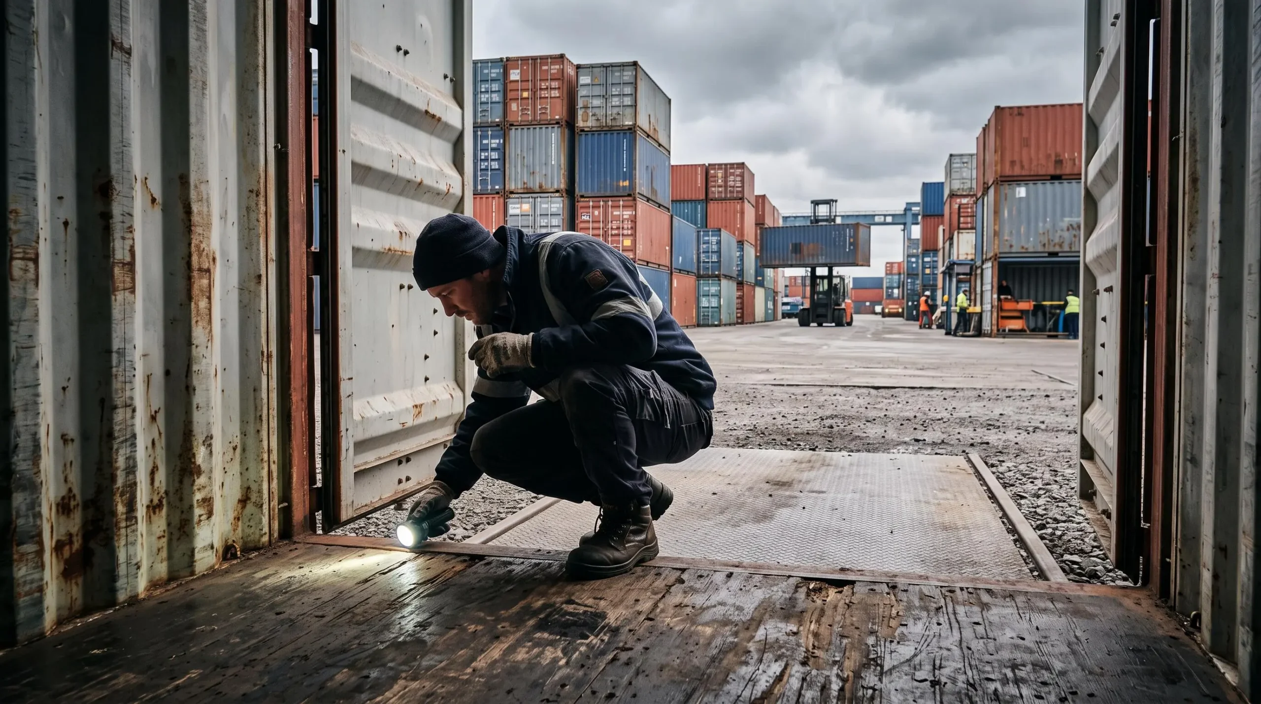 Un acheteur inspecte le plancher d'un container maritime d'occasion avec une lampe torche.