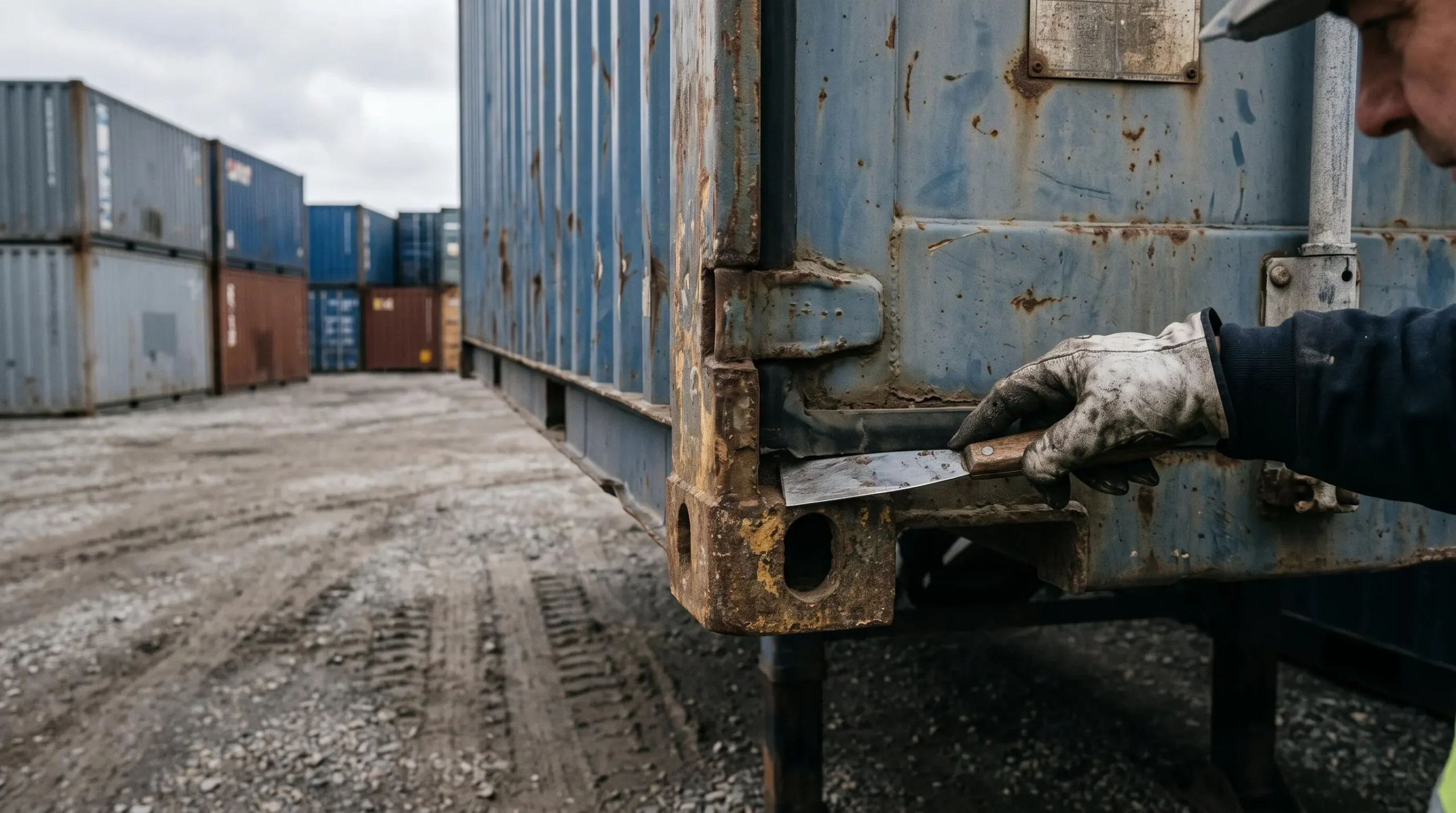 Une main passe une lame métallique sur la tôle rouillée d'un container d'occasion.