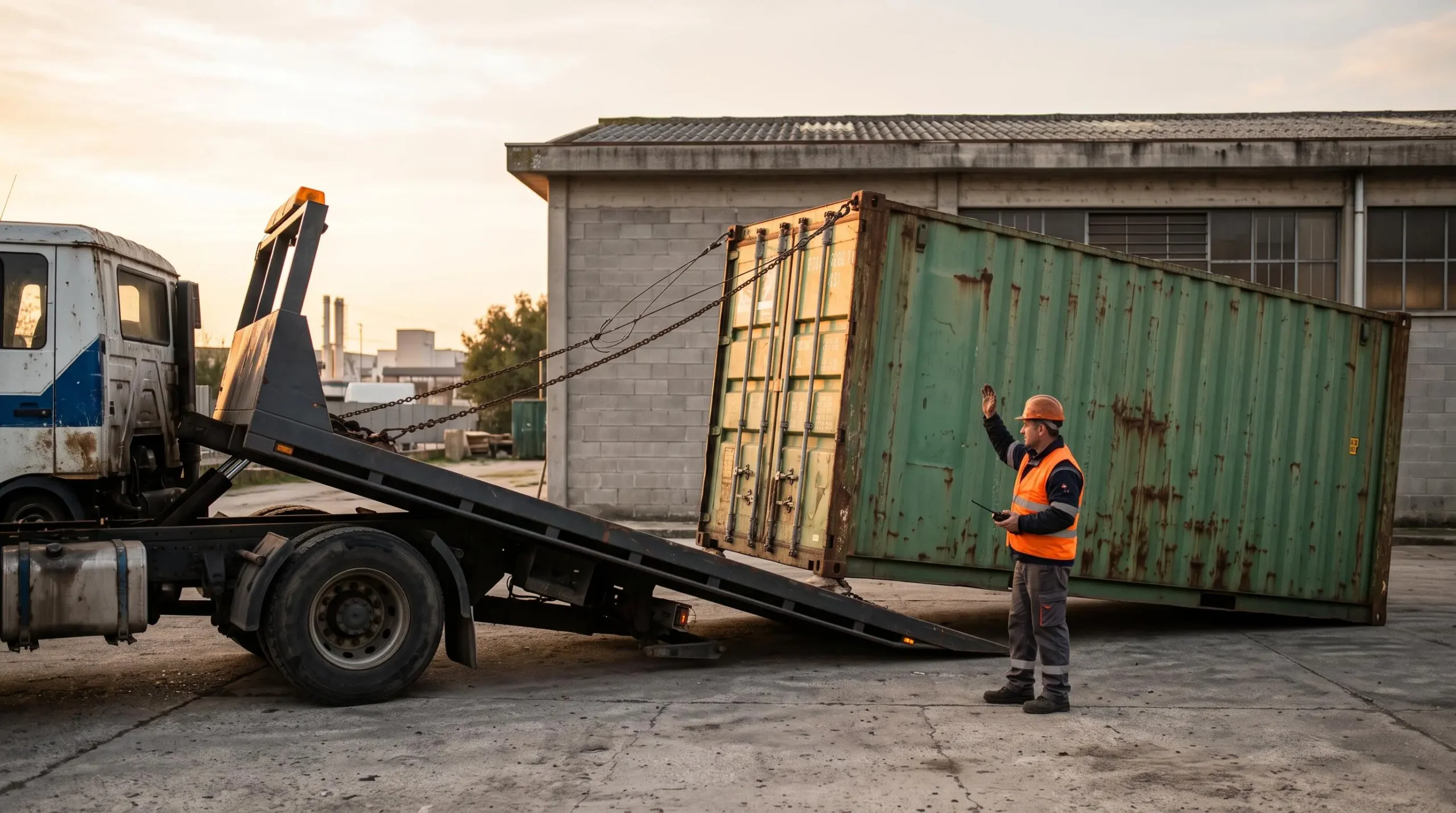 Un container est déchargé d'un camion plateau dans une cour industrielle.